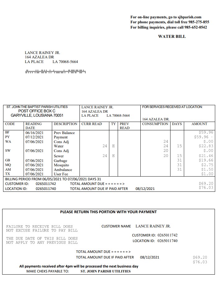 USA Louisiana St. John the Baptist Parish water bill in Word and PDF format